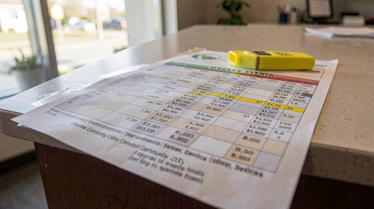 A printed weekly events sheet taped to a community desk counter, a highlighter resting on it, morning light from a window falling across the columns of dates and prices.