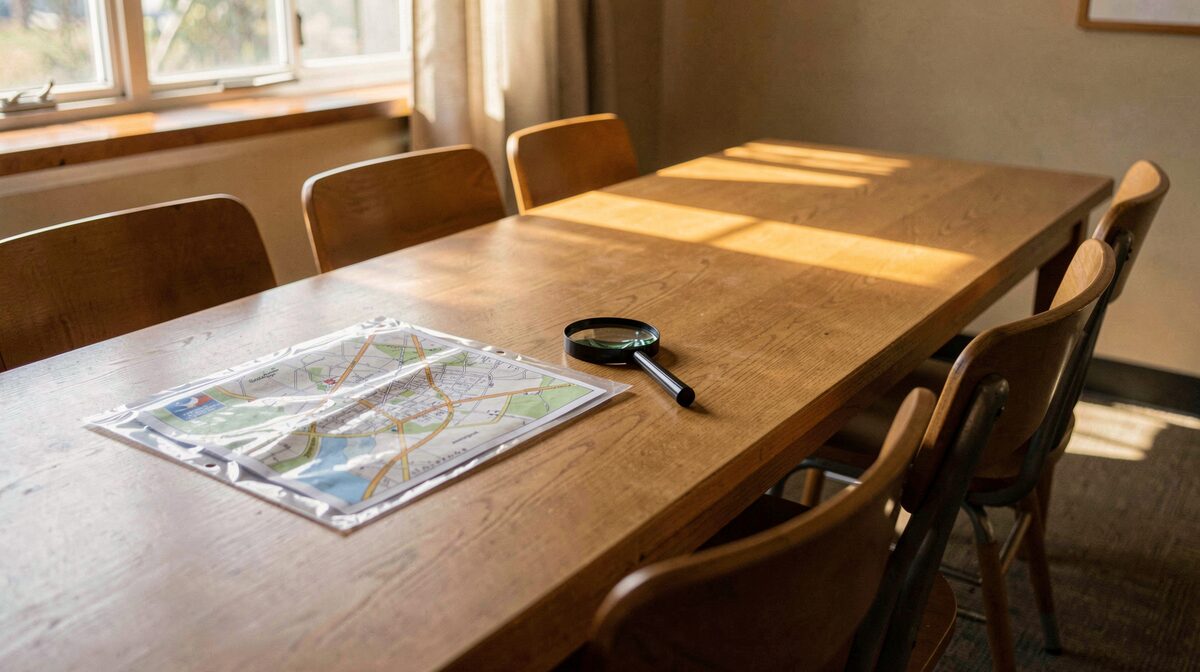 A long wooden table in a community room under warm afternoon window light, with a photocopied street map in a plastic sleeve, a magnifying glass, and three chairs pulled close together.