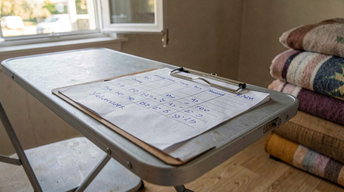 A clipboard with a handwritten volunteer rota resting on a metal folding table in a community room, morning light through a window, a stack of folded blankets at the edge of the frame.