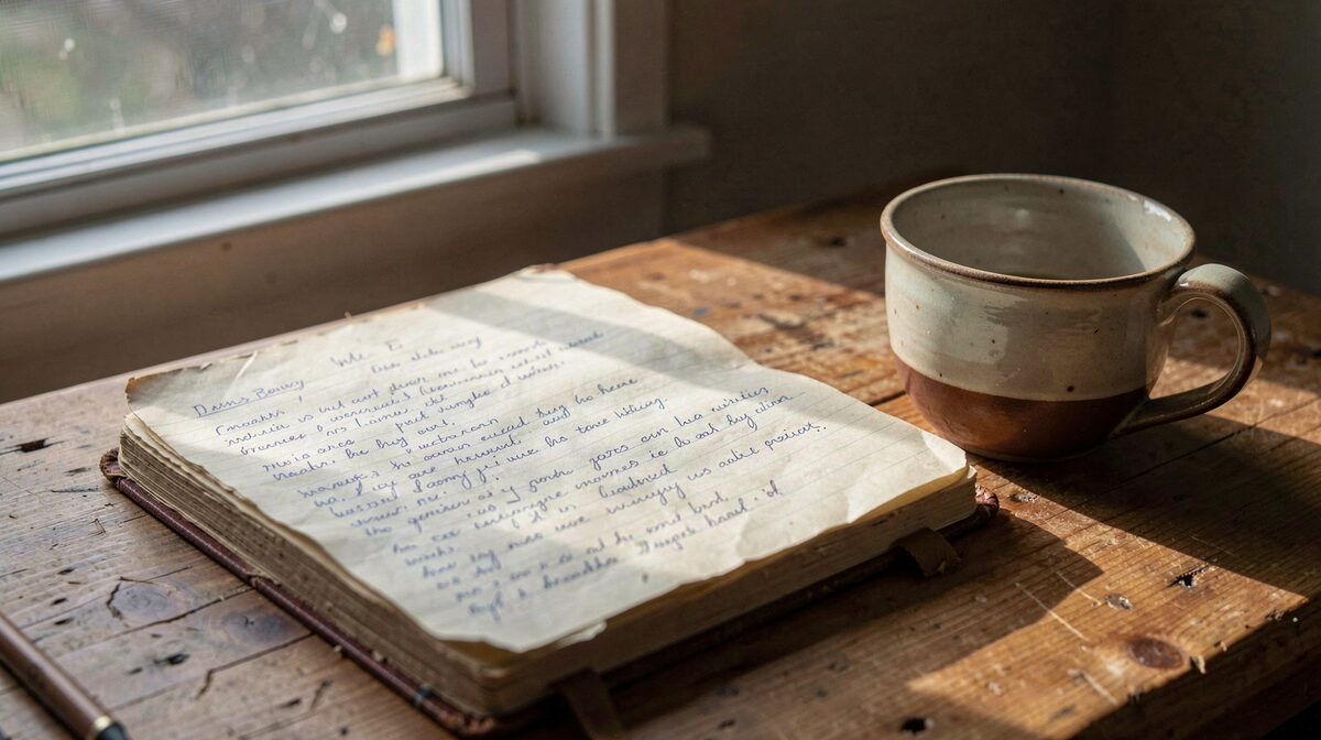A worn notebook open on a wooden desk beside a ceramic cup, morning light from a side window falling across handwritten field notes.